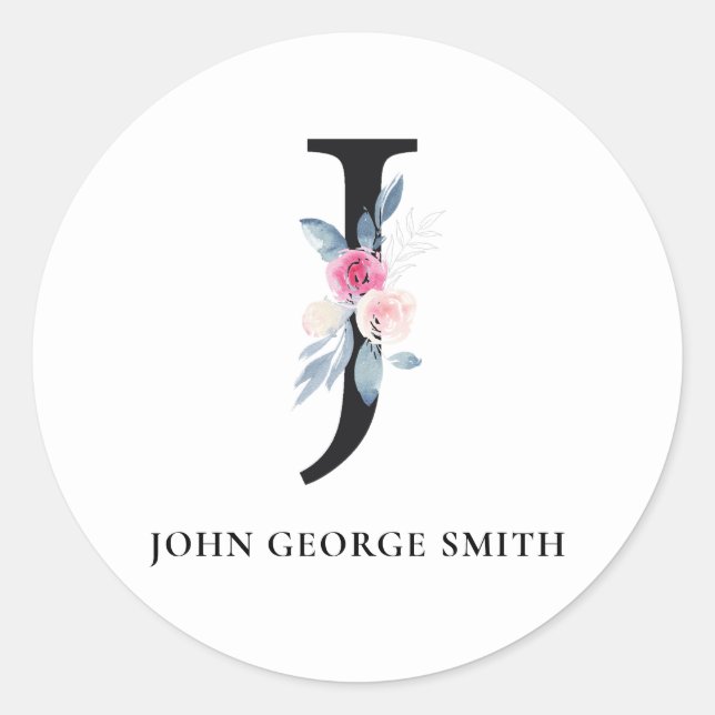 SOFT BLUSH BLUE FLORAL ALPHABETS NAME LETTER J CLASSIC ROUND STICKER (Front)