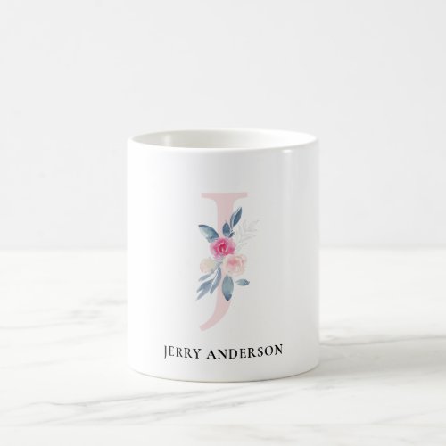 SOFT BLUSH BLUE FLORAL ALPHABETS NAME LETTER J COFFEE MUG