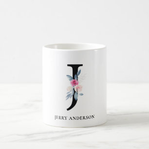 SOFT BLUSH BLUE FLORAL ALPHABETS NAME LETTER J COFFEE MUG