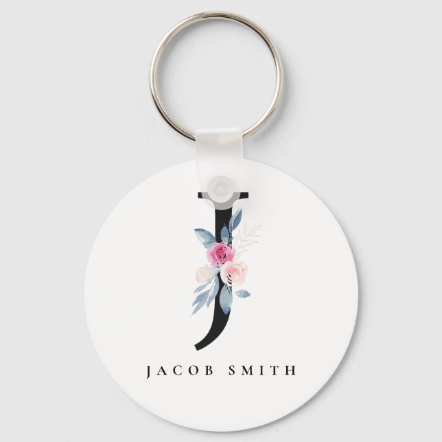 SOFT BLUSH BLUE FLORAL ALPHABETS NAME LETTER J KEYCHAIN (Front)