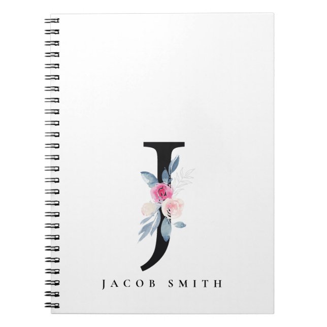 SOFT BLUSH BLUE FLORAL ALPHABETS NAME LETTER J NOTEBOOK (Front)