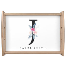 SOFT BLUSH BLUE FLORAL ALPHABETS NAME LETTER J SERVING TRAY