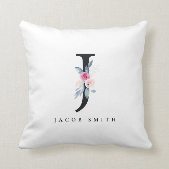 SOFT BLUSH BLUE FLORAL ALPHABETS NAME LETTER J THROW PILLOW
