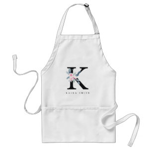 SOFT BLUSH BLUE FLORAL ALPHABETS NAME LETTER K ADULT APRON