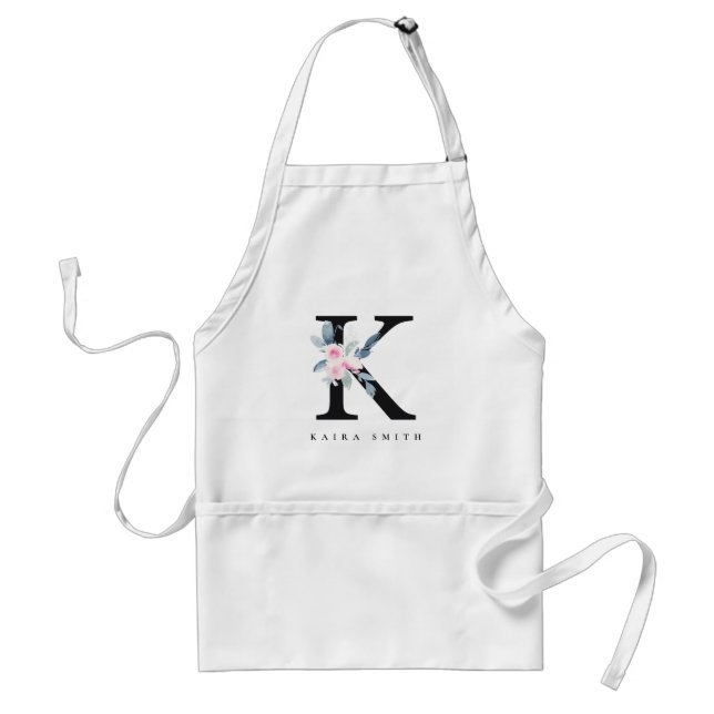 SOFT BLUSH BLUE FLORAL ALPHABETS NAME LETTER K ADULT APRON (Front)