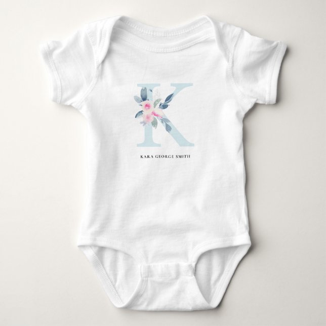 SOFT BLUSH BLUE FLORAL ALPHABETS NAME LETTER K BABY BODYSUIT (Front)