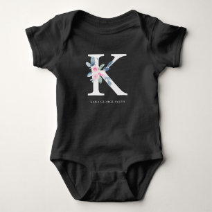 SOFT BLUSH BLUE FLORAL ALPHABETS NAME LETTER K BABY BODYSUIT