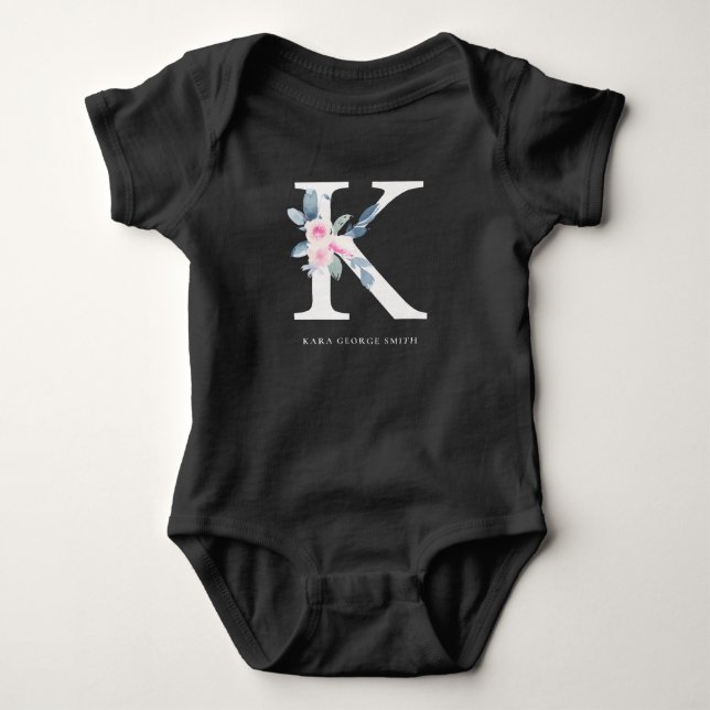 SOFT BLUSH BLUE FLORAL ALPHABETS NAME LETTER K BABY BODYSUIT (Front)