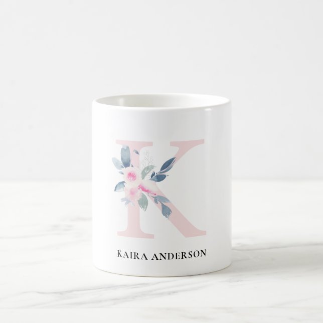 SOFT BLUSH BLUE FLORAL ALPHABETS NAME LETTER K COFFEE MUG (Center)