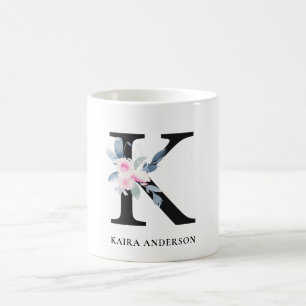 SOFT BLUSH BLUE FLORAL ALPHABETS NAME LETTER K COFFEE MUG