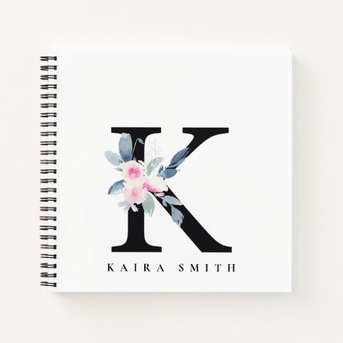 SOFT BLUSH BLUE FLORAL ALPHABETS NAME LETTER K NOTEBOOK