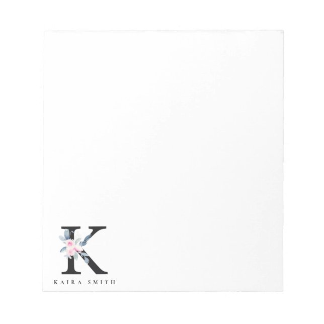 SOFT BLUSH BLUE FLORAL ALPHABETS NAME LETTER K NOTEPAD (Front)