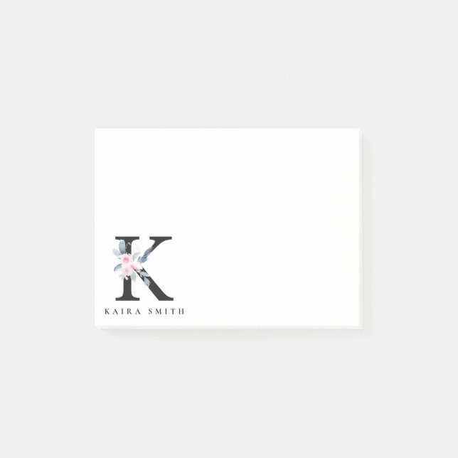 SOFT BLUSH BLUE FLORAL ALPHABETS NAME LETTER K POST-IT NOTES (Front)