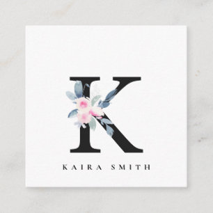 SOFT BLUSH BLUE FLORAL ALPHABETS NAME LETTER K SQUARE BUSINESS CARD