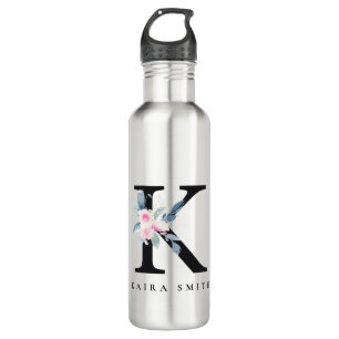 SOFT BLUSH BLUE FLORAL ALPHABETS NAME LETTER K STAINLESS STEEL WATER BOTTLE