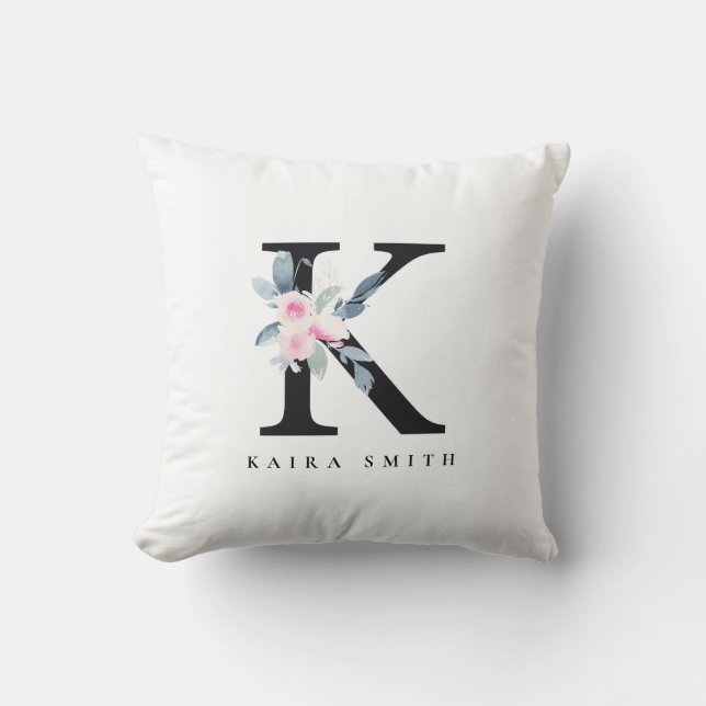 SOFT BLUSH BLUE FLORAL ALPHABETS NAME LETTER K THROW PILLOW (Front)