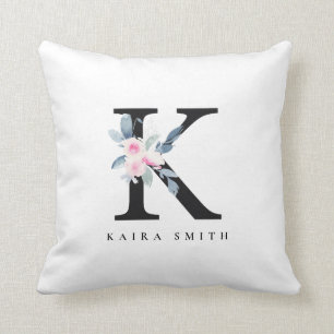 SOFT BLUSH BLUE FLORAL ALPHABETS NAME LETTER K THROW PILLOW