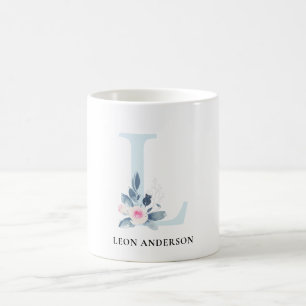 SOFT BLUSH BLUE FLORAL ALPHABETS NAME LETTER L COFFEE MUG