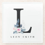 SOFT BLUSH BLUE FLORAL ALPHABETS NAME LETTER L GLASS COASTER<br><div class="desc">If you need any further customisation please feel free to message me on yellowfebstudio@gmail.com.</div>