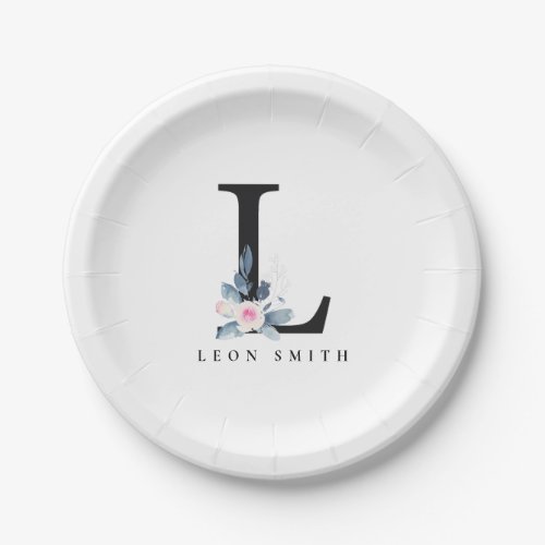 SOFT BLUSH BLUE FLORAL ALPHABETS NAME LETTER L PAPER PLATES