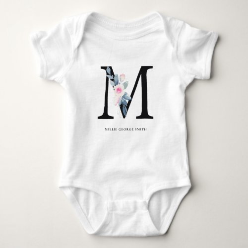 SOFT BLUSH BLUE FLORAL ALPHABETS NAME LETTER M BABY BODYSUIT