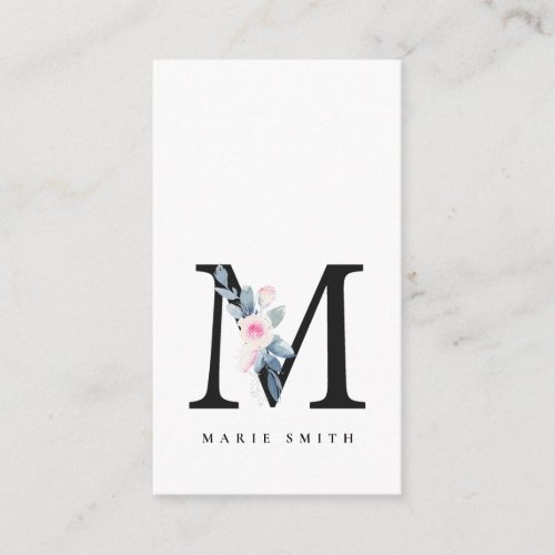 SOFT BLUSH BLUE FLORAL ALPHABETS NAME LETTER M BUSINESS CARD