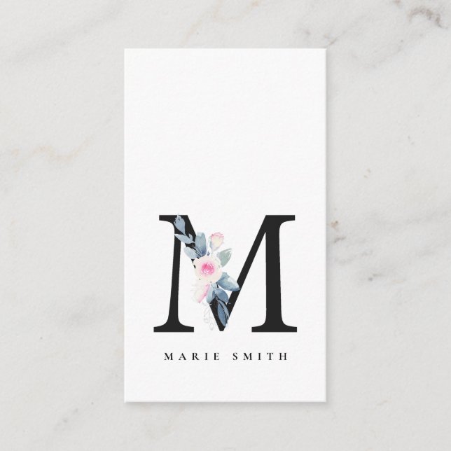 SOFT BLUSH BLUE FLORAL ALPHABETS NAME LETTER M BUSINESS CARD (Front)