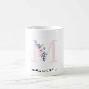 SOFT BLUSH BLUE FLORAL ALPHABETS NAME LETTER M COFFEE MUG