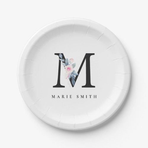 SOFT BLUSH BLUE FLORAL ALPHABETS NAME LETTER M PAPER PLATES