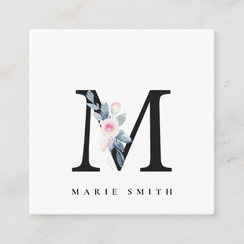 SOFT BLUSH BLUE FLORAL ALPHABETS NAME LETTER M SQUARE BUSINESS CARD