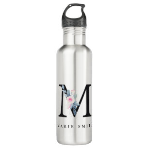 SOFT BLUSH BLUE FLORAL ALPHABETS NAME LETTER M STAINLESS STEEL WATER BOTTLE