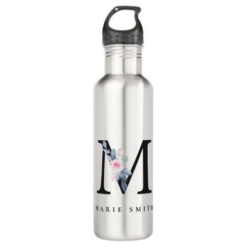 SOFT BLUSH BLUE FLORAL ALPHABETS NAME LETTER M STAINLESS STEEL WATER BOTTLE