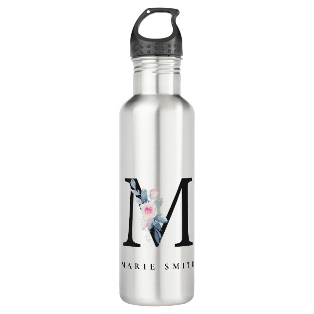 SOFT BLUSH BLUE FLORAL ALPHABETS NAME LETTER M STAINLESS STEEL WATER BOTTLE (Front)