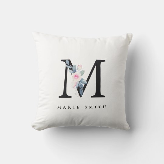 SOFT BLUSH BLUE FLORAL ALPHABETS NAME LETTER M THROW PILLOW