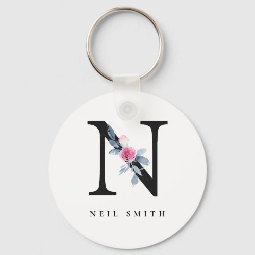 SOFT BLUSH BLUE FLORAL ALPHABETS NAME LETTER N KEYCHAIN