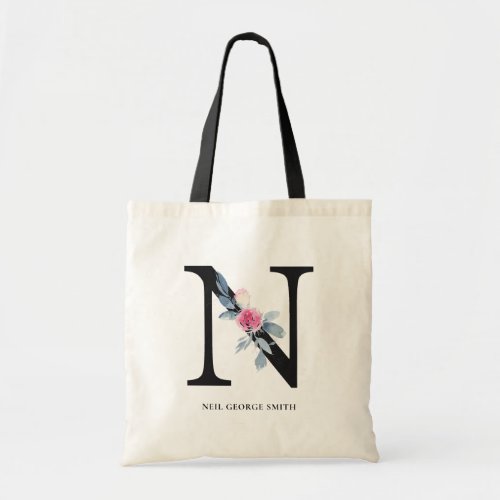 SOFT BLUSH BLUE FLORAL ALPHABETS NAME LETTER N TOTE BAG