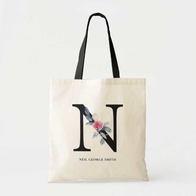 SOFT BLUSH BLUE FLORAL ALPHABETS NAME LETTER N TOTE BAG (Front)