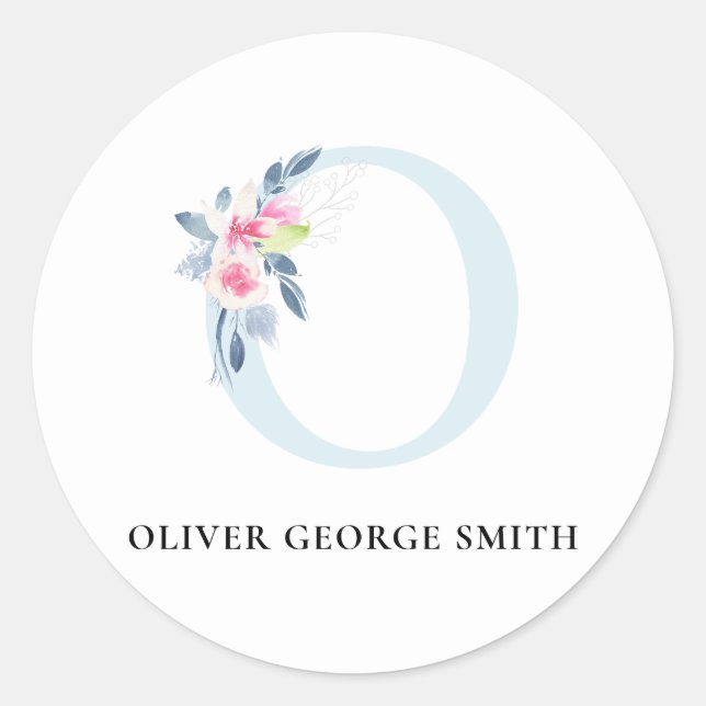 SOFT BLUSH BLUE FLORAL ALPHABETS NAME LETTER O CLASSIC ROUND STICKER (Front)