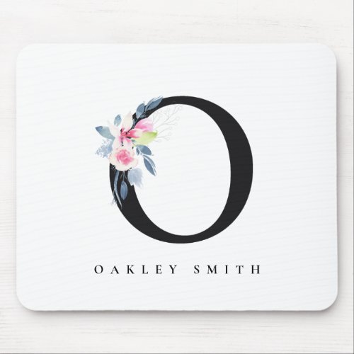 SOFT BLUSH BLUE FLORAL ALPHABETS NAME LETTER O MOUSE PAD