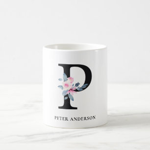 SOFT BLUSH BLUE FLORAL ALPHABETS NAME LETTER P COFFEE MUG