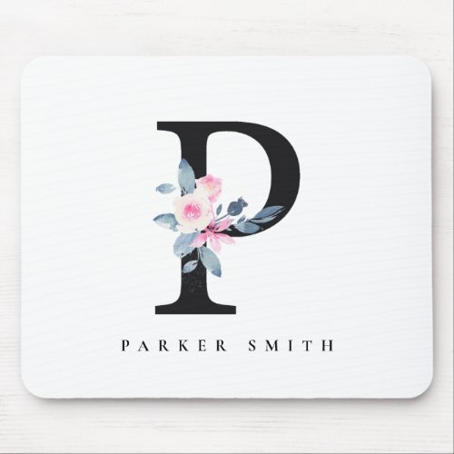 SOFT BLUSH BLUE FLORAL ALPHABETS NAME LETTER P MOUSE PAD