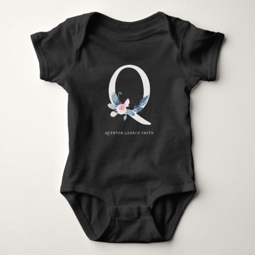 SOFT BLUSH BLUE FLORAL ALPHABETS NAME LETTER Q BABY BODYSUIT