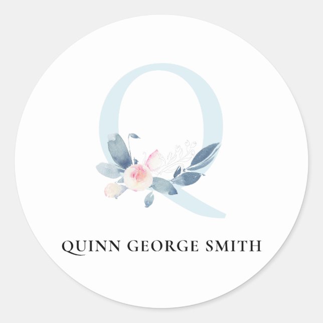SOFT BLUSH BLUE FLORAL ALPHABETS NAME LETTER Q CLASSIC ROUND STICKER (Front)