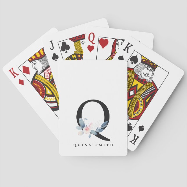 SOFT BLUSH BLUE FLORAL ALPHABETS NAME LETTER Q POKER CARDS (Back)