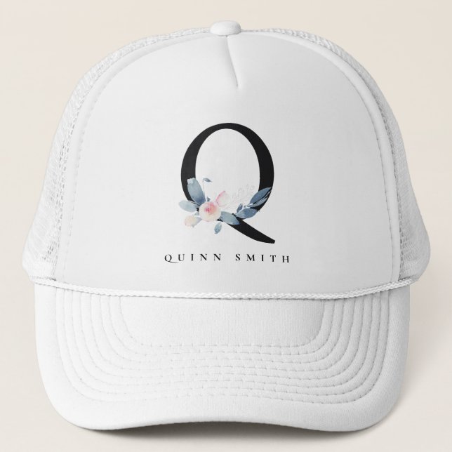 SOFT BLUSH BLUE FLORAL ALPHABETS NAME LETTER Q TRUCKER HAT (Front)