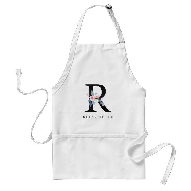 SOFT BLUSH BLUE FLORAL ALPHABETS NAME LETTER R ADULT APRON (Front)