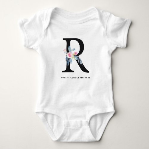 SOFT BLUSH BLUE FLORAL ALPHABETS NAME LETTER R BABY BODYSUIT