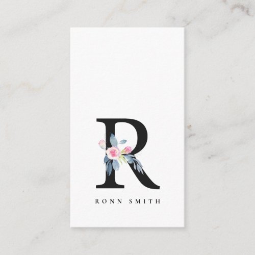 SOFT BLUSH BLUE FLORAL ALPHABETS NAME LETTER R BUSINESS CARD