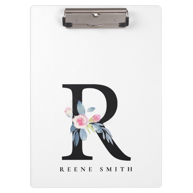 SOFT BLUSH BLUE FLORAL ALPHABETS NAME LETTER R CLIPBOARD (Front)