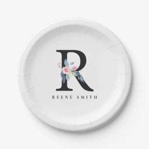 SOFT BLUSH BLUE FLORAL ALPHABETS NAME LETTER R PAPER PLATES